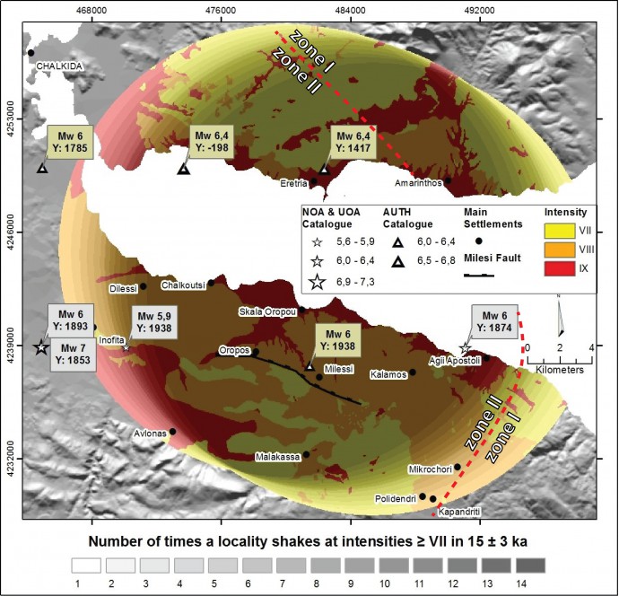 Our earthquake scenario shows that this area will experience intensity IX from the Milesi Fault every 1070 ± 220 yr.