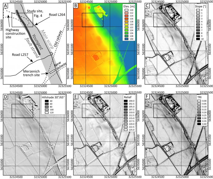 Aerial LiDAR data reveal the faint morphological expression of the youngest fault zone.